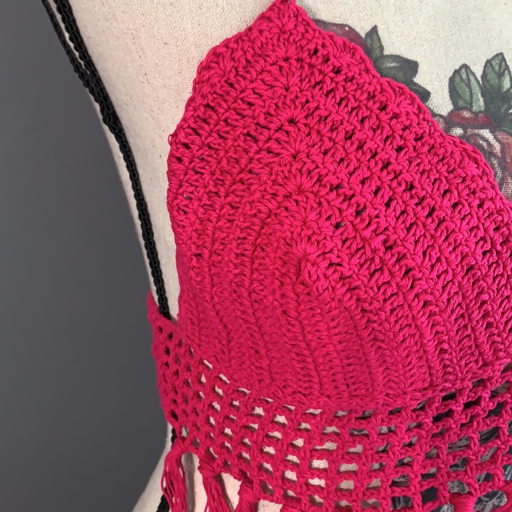 Fuchsia Raspberry Fringe Hem Crochet Tie Top - Picture 8 of 16